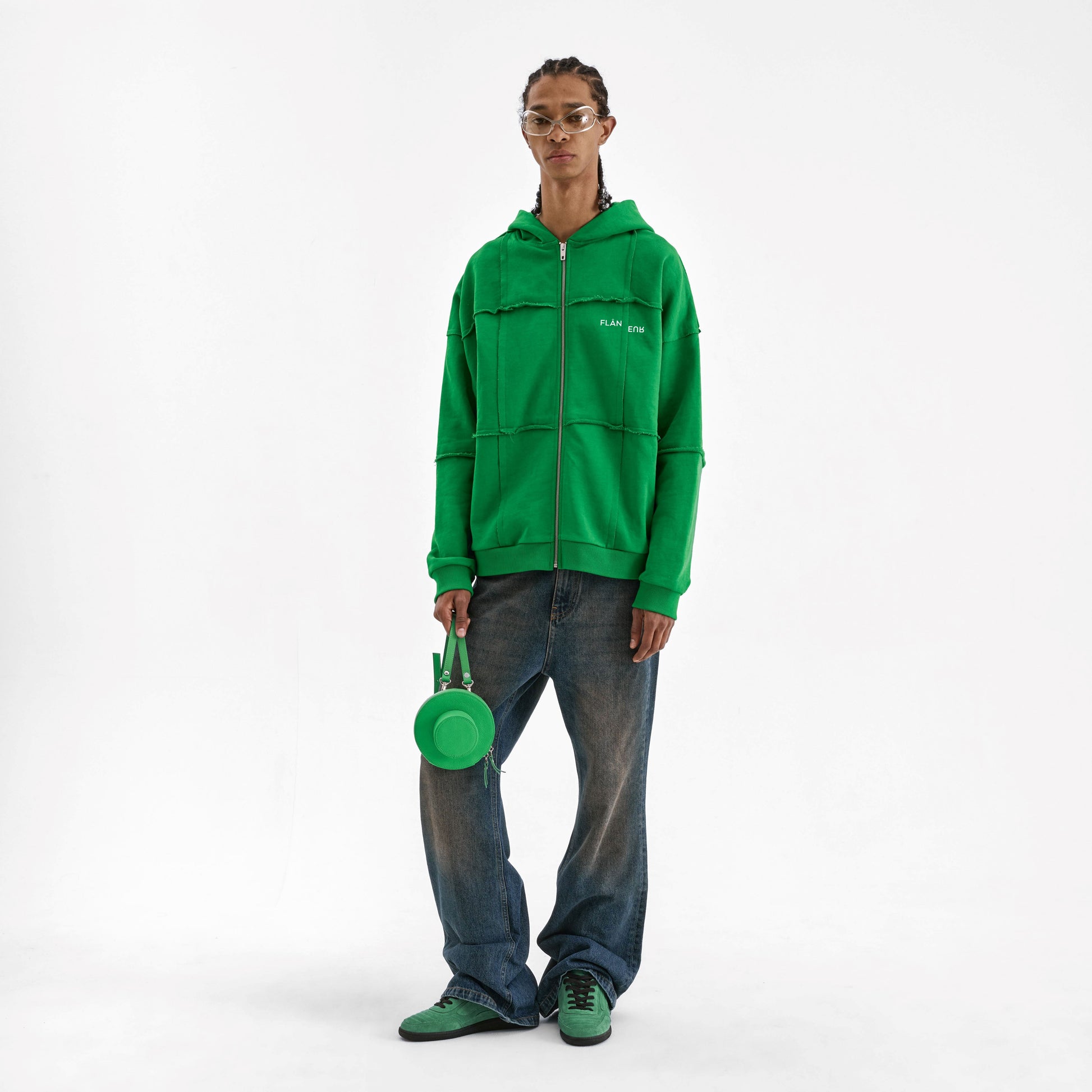 Cut and Sew Zip-Up Hoodie Green