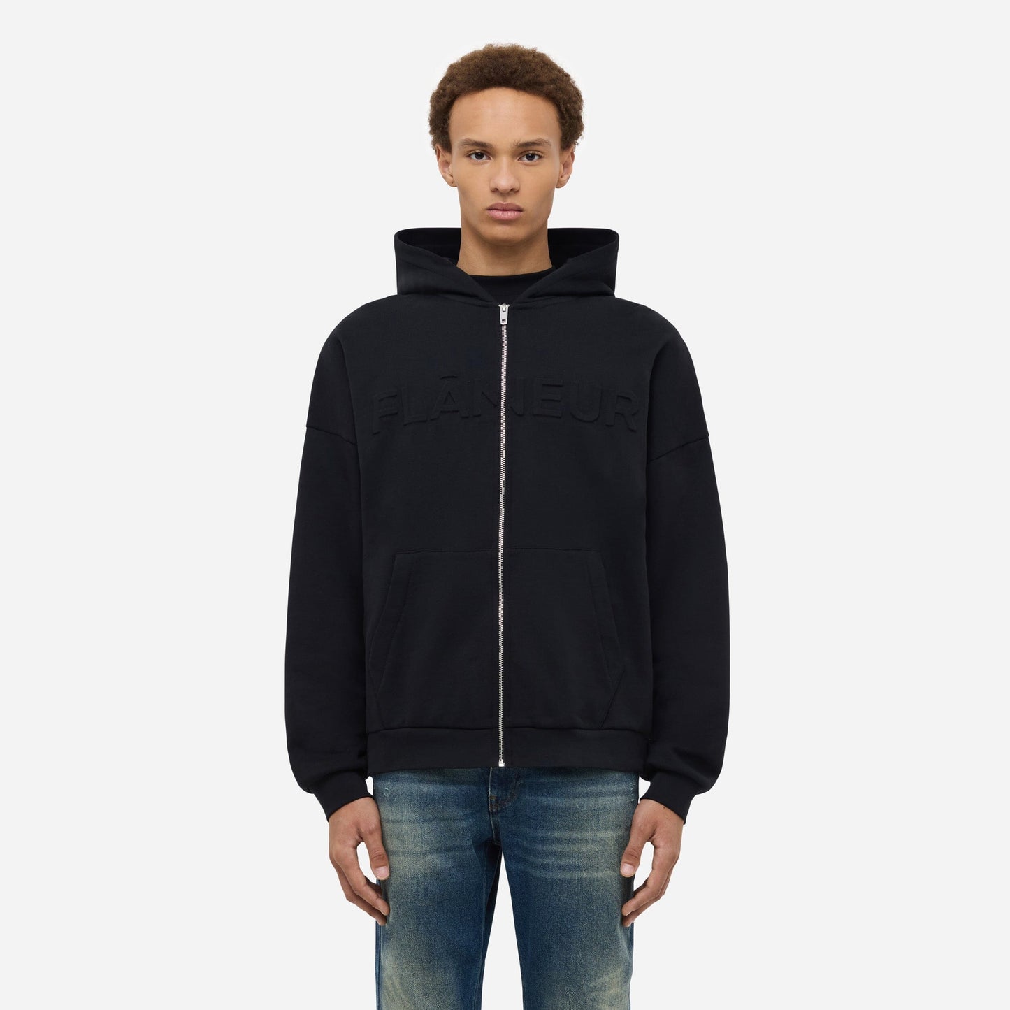 Embossed Zip-Up Hoodie | Black