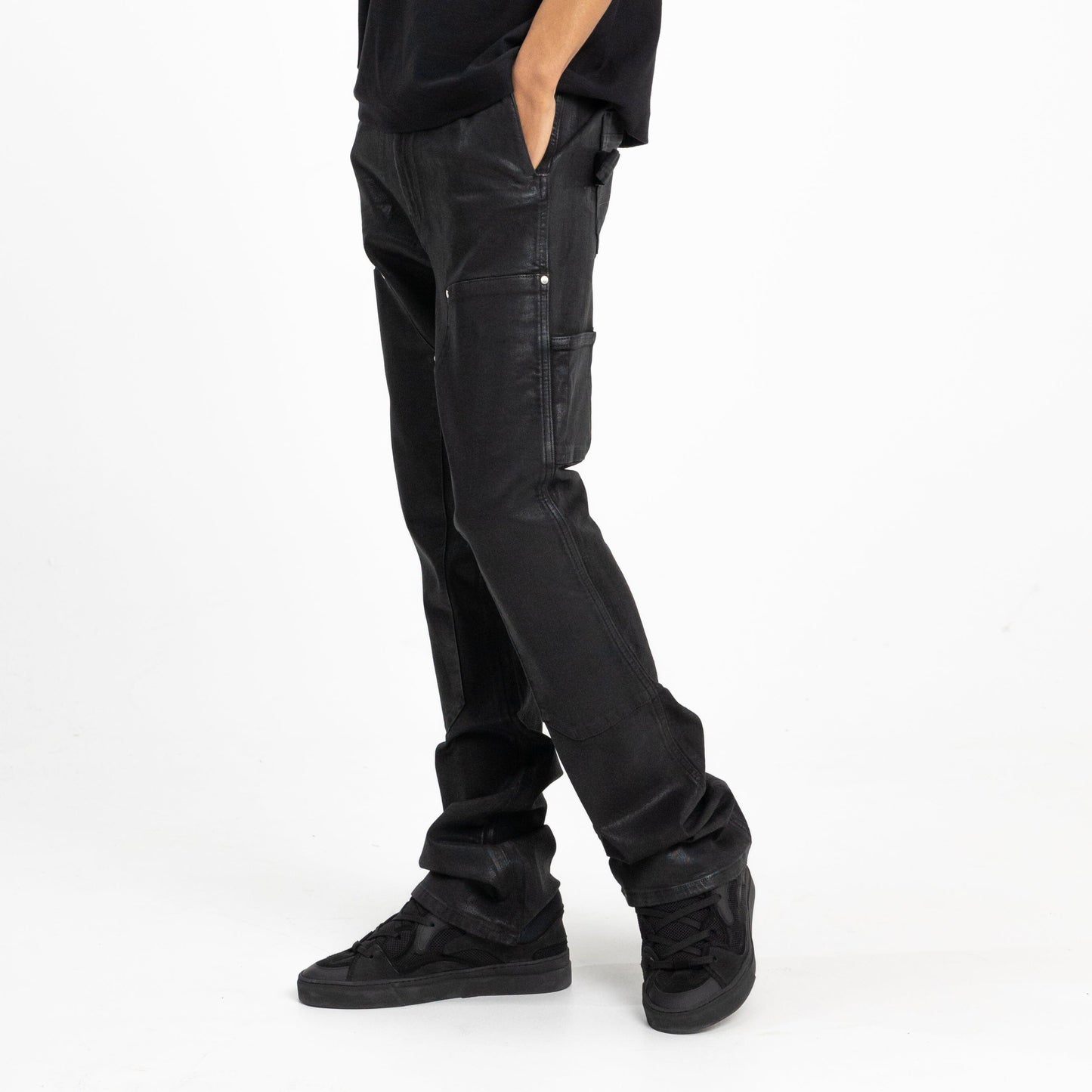 Carpenter Flared Jeans in Waxed Black Denim