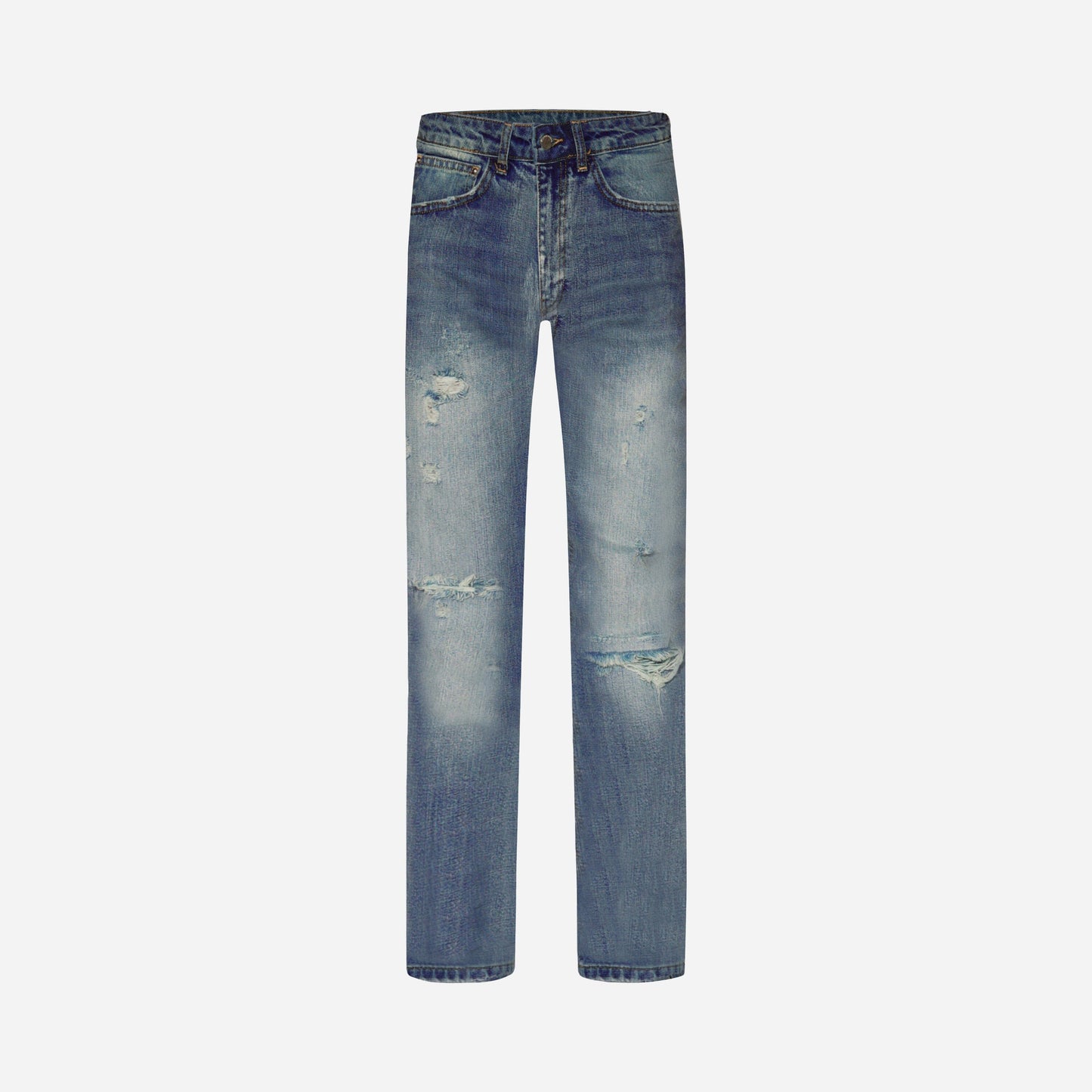 Distressed Straight Jeans in Blue Denim