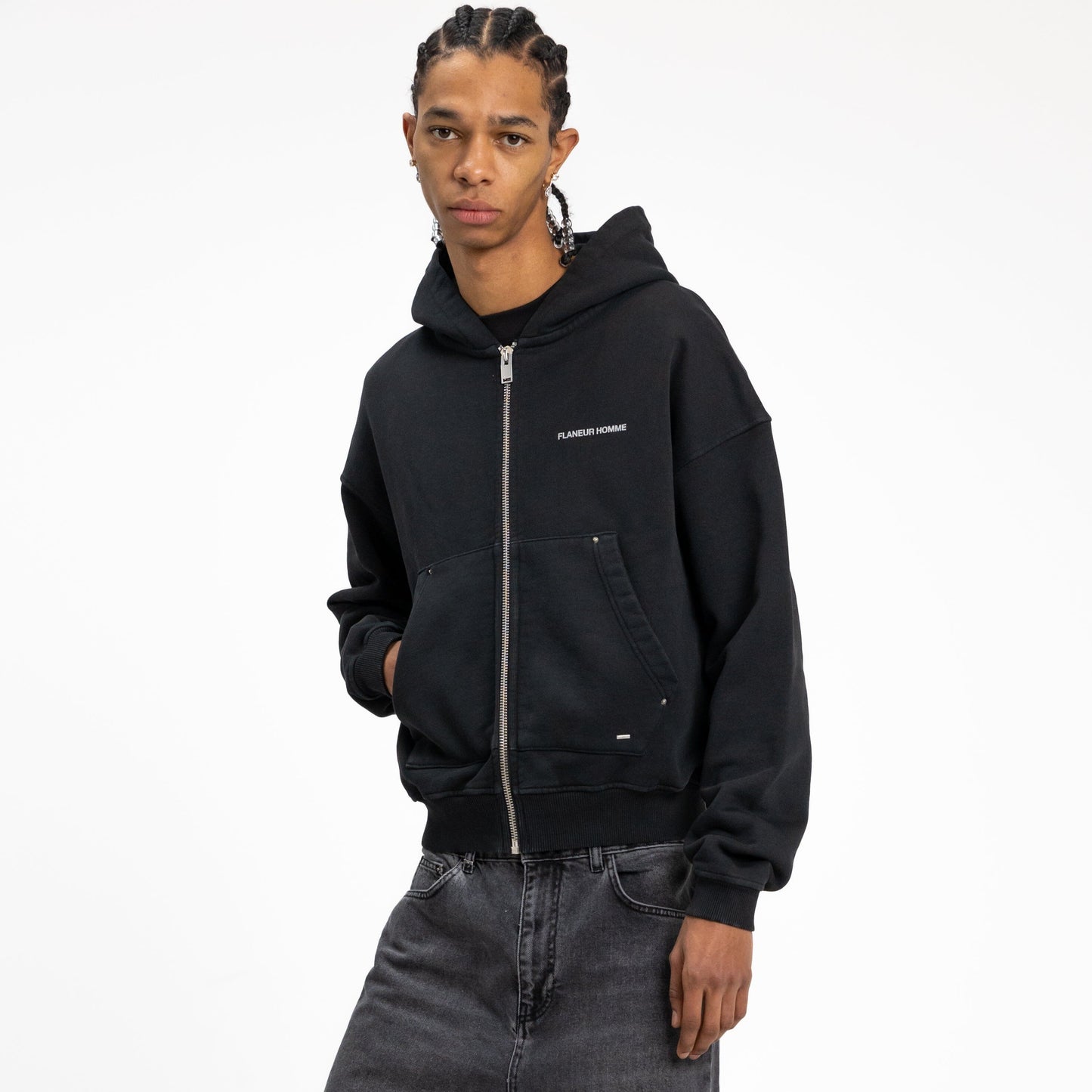Rivettes Zip-Up Hoodie in Perlite Black