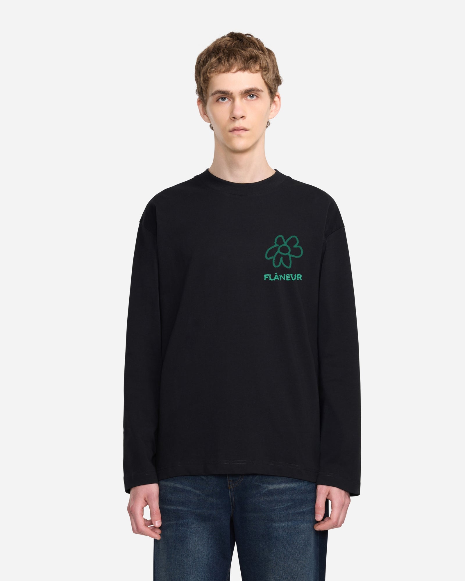 Langarmshirt mit Blumen-Doodle | Schwarz