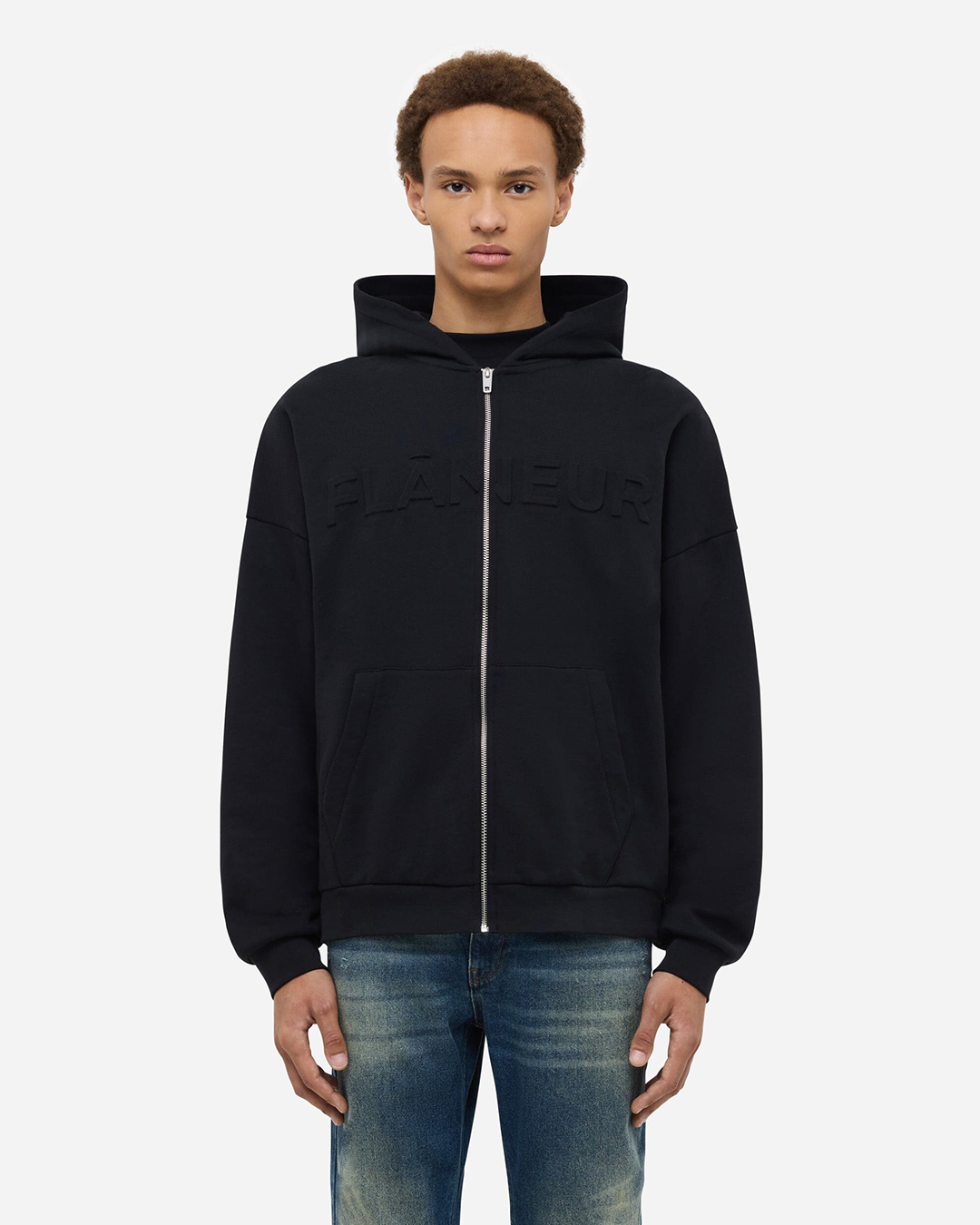 Kapuzenpullover mit Reißverschluss und Prägung | Schwarz