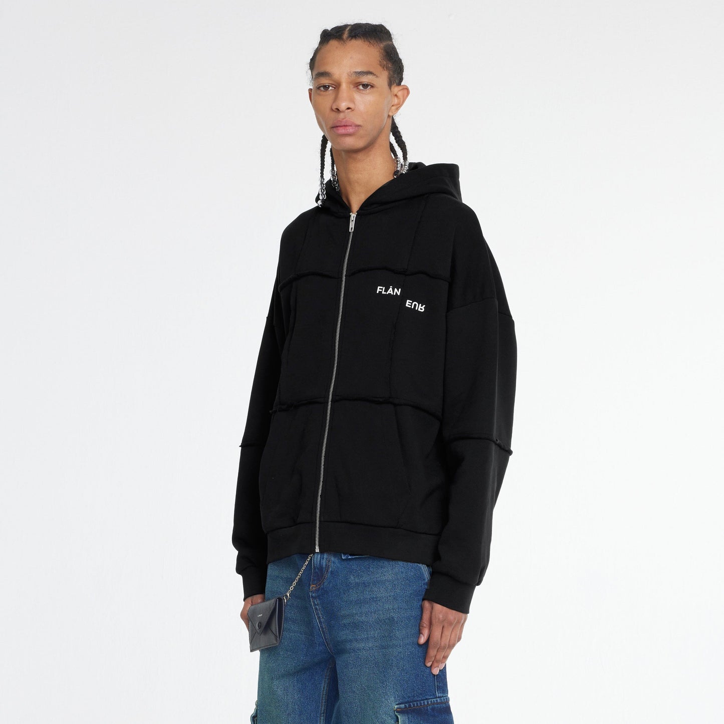 Cut and Sew Zip-Up Hoodie Black