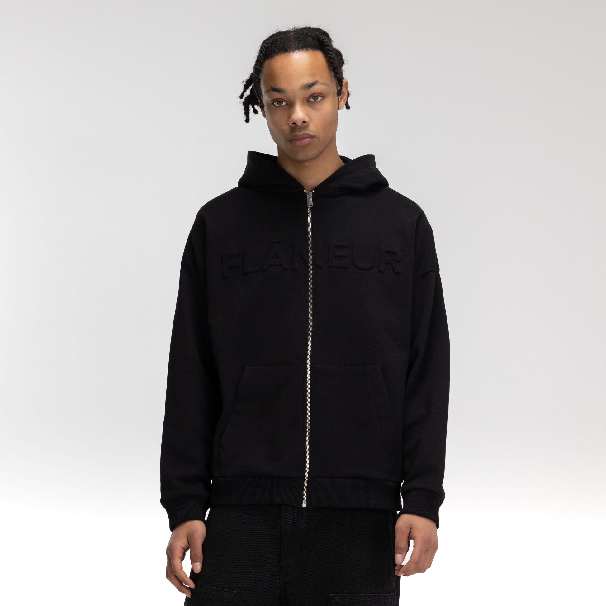 Embossed Zip-Up Hoodie Black