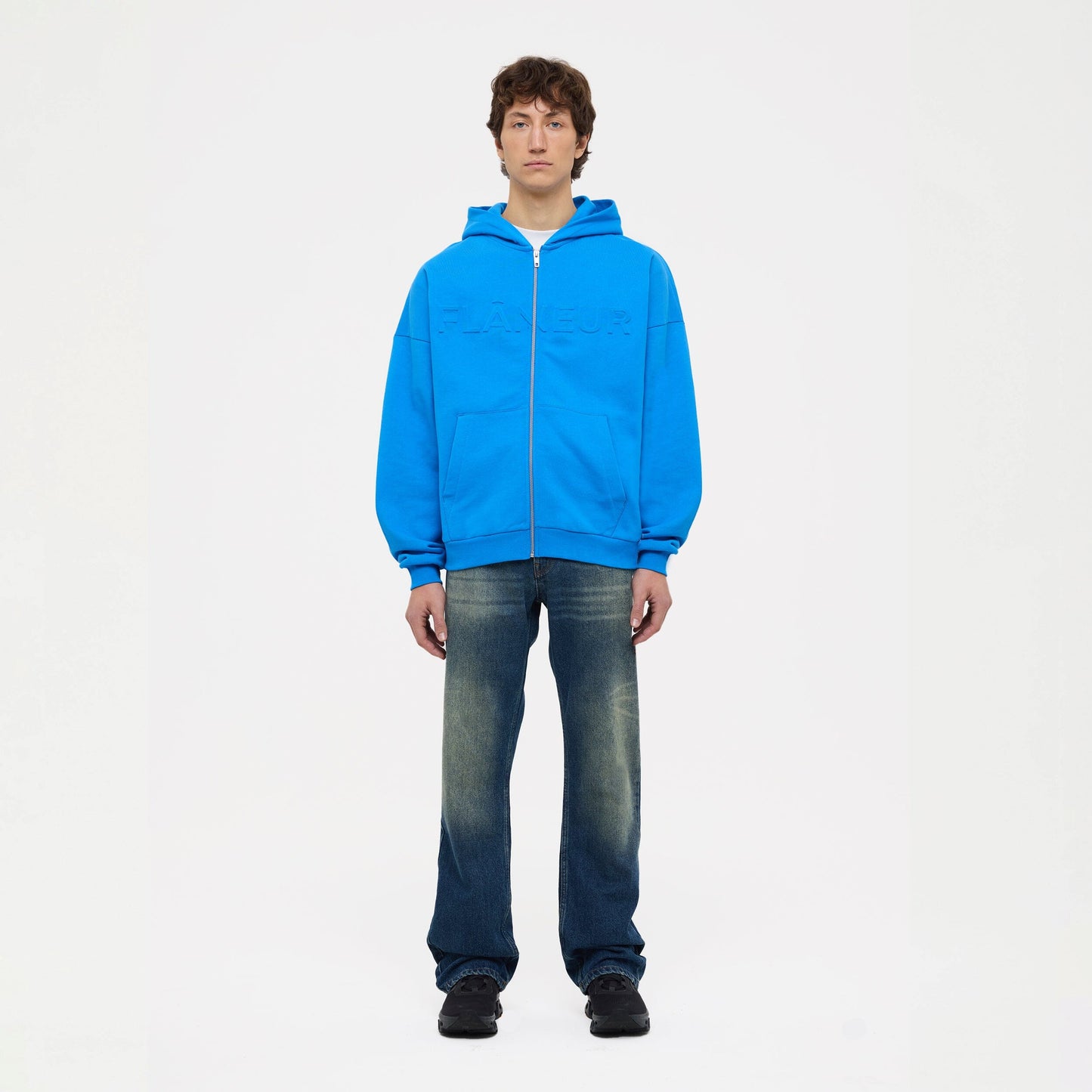 Embossed Zip-Up Hoodie Blue