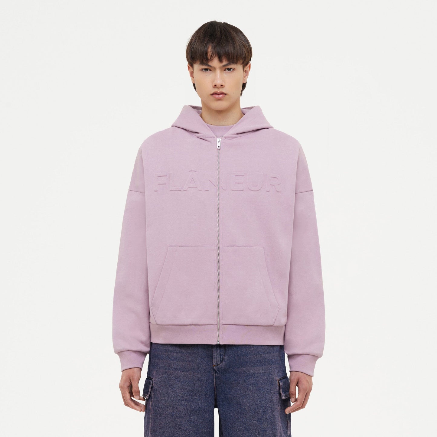 Embossed Zip-Up Hoodie Mauve