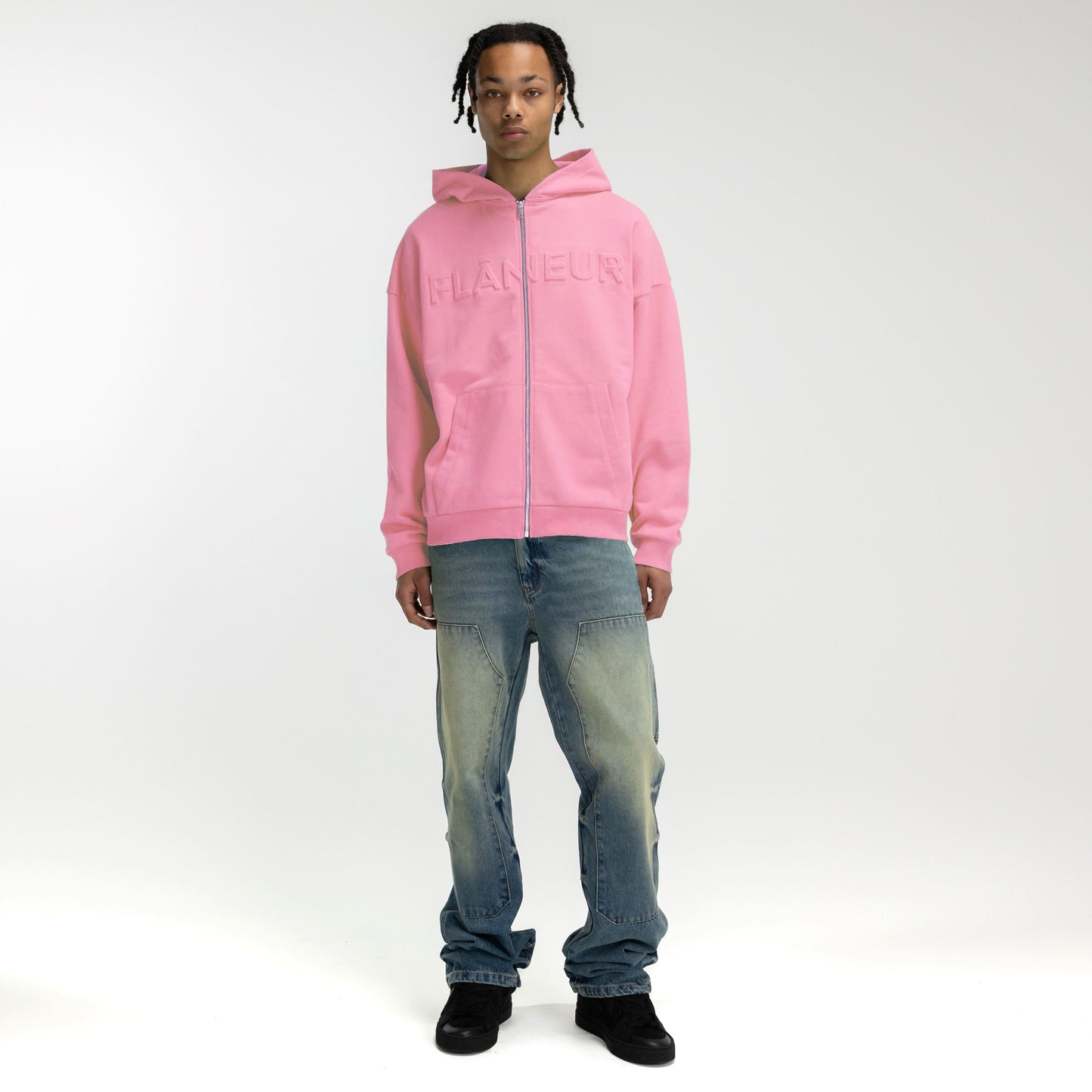 Embossed Zip-Up Hoodie Pink