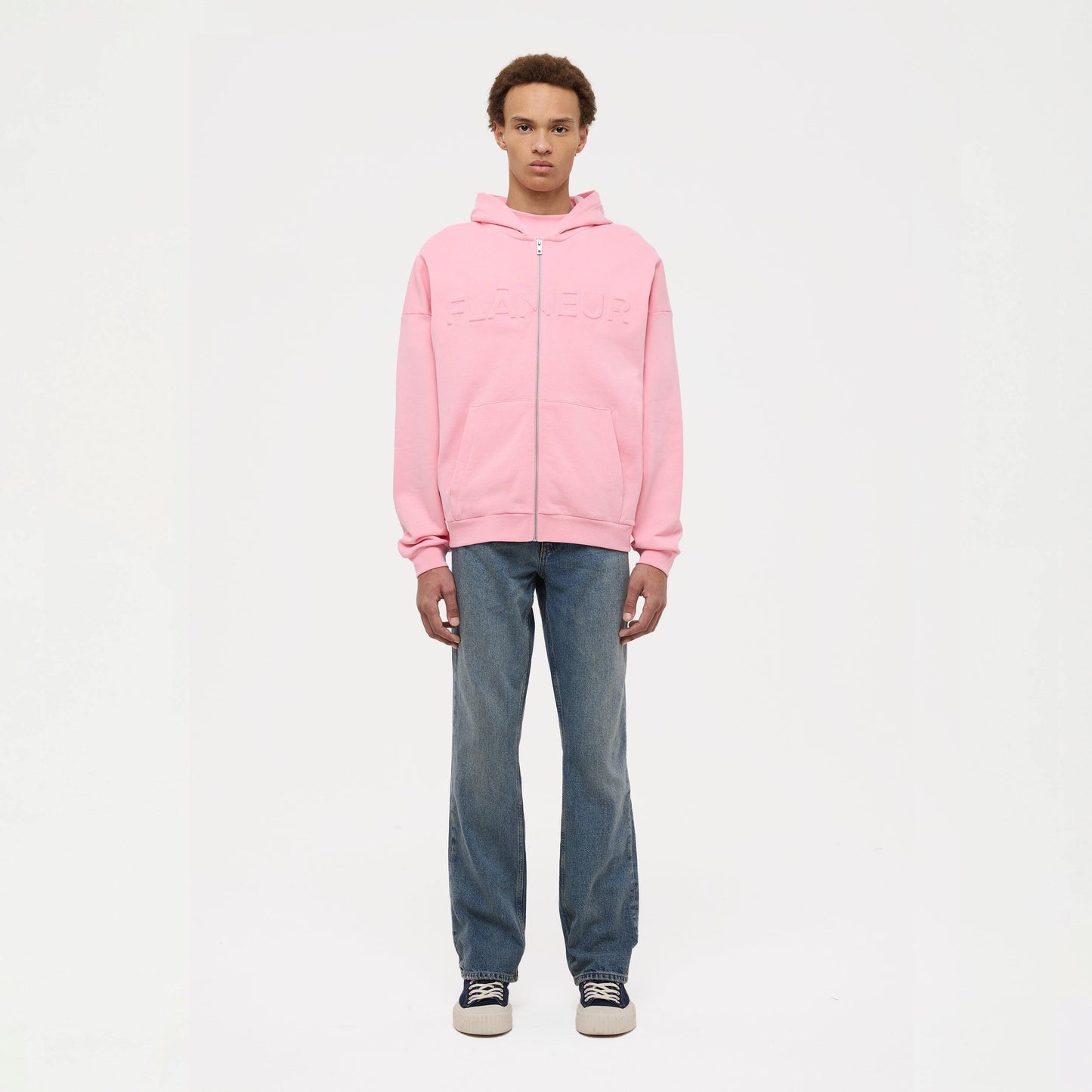 Embossed Zip-Up Hoodie Pink