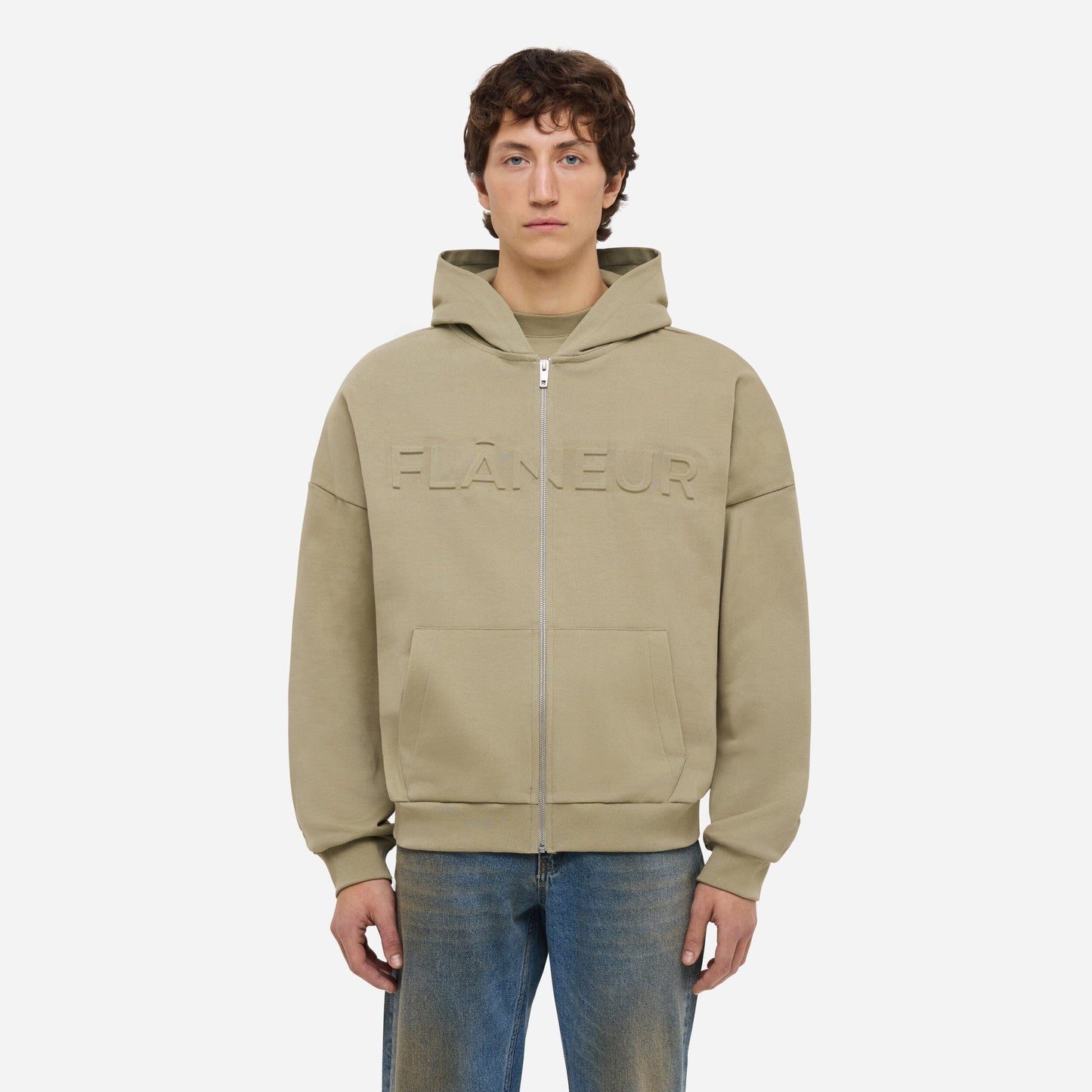 Embossed Zip-Up Hoodie | Sand
