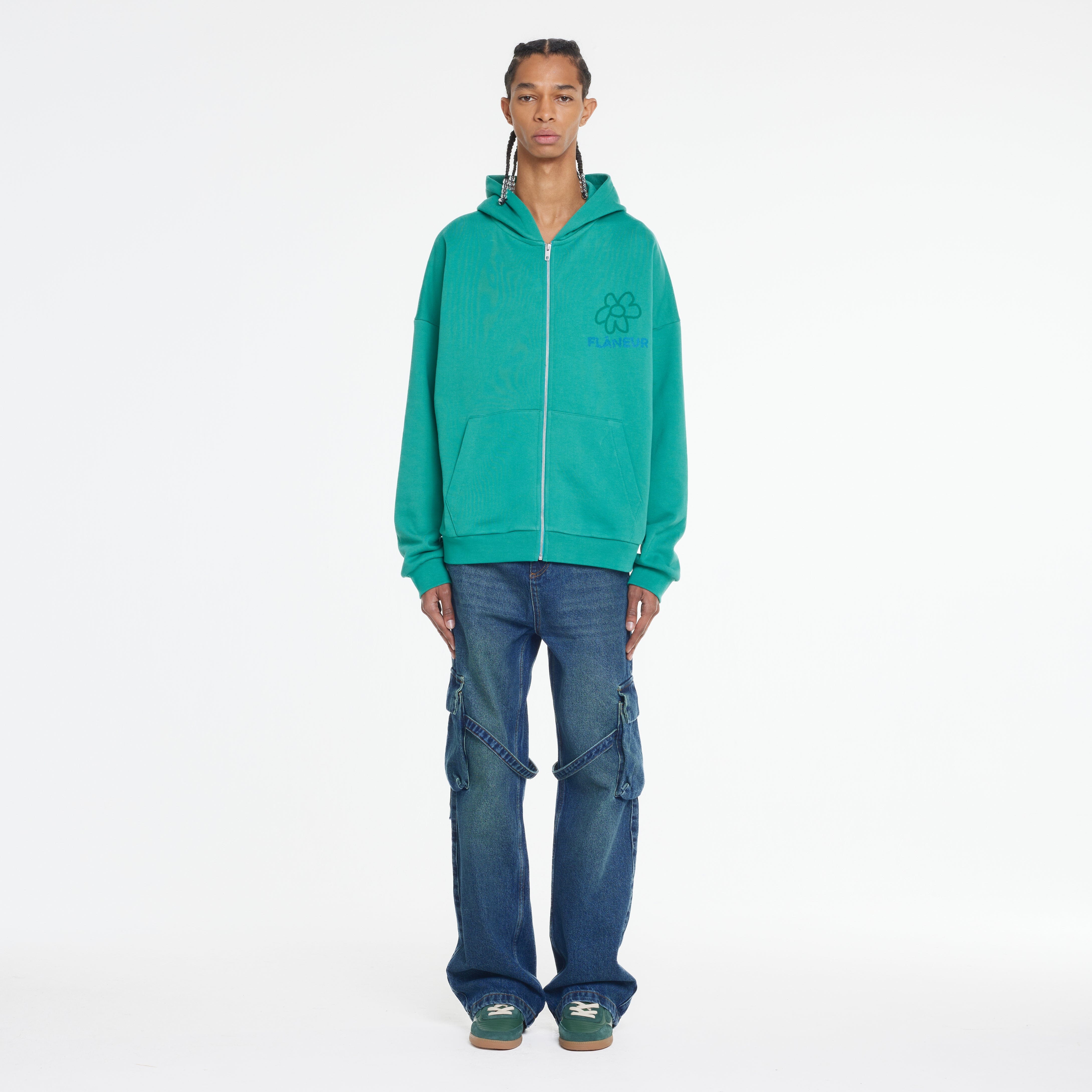 Green hoodie blue jeans sale