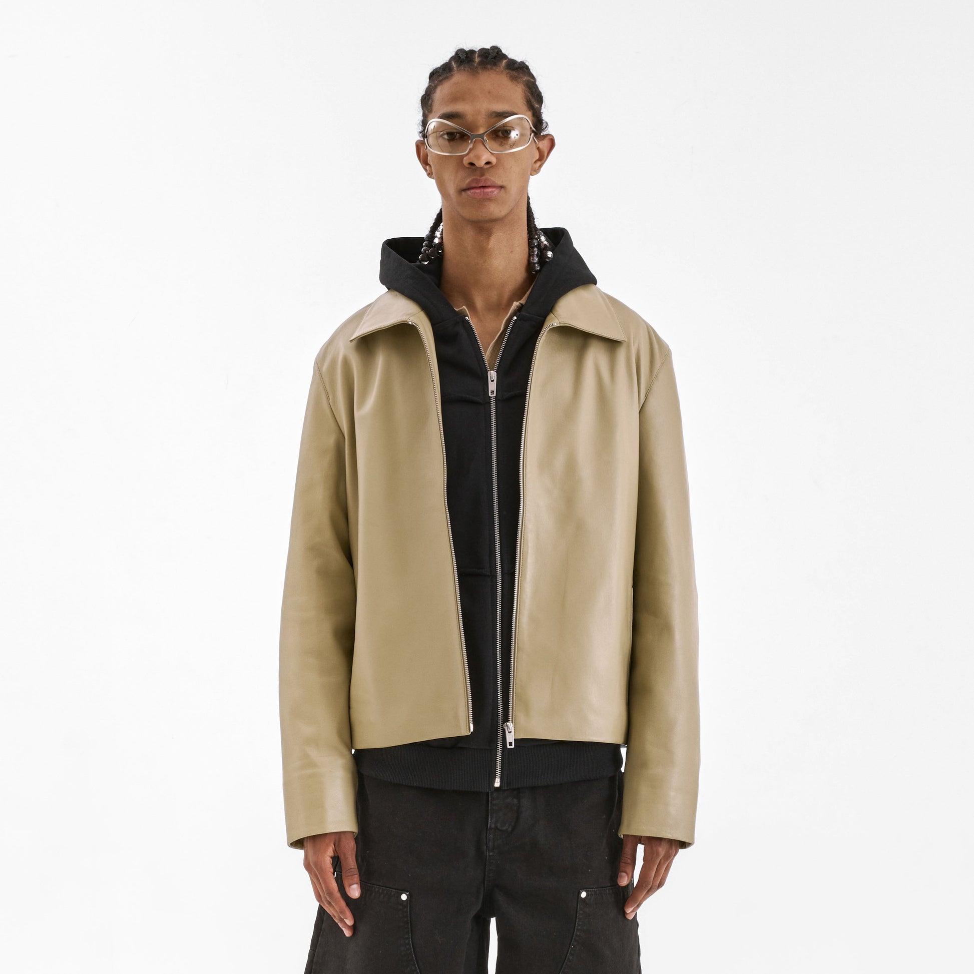 Leather Blouson Worker Jacket | Beige