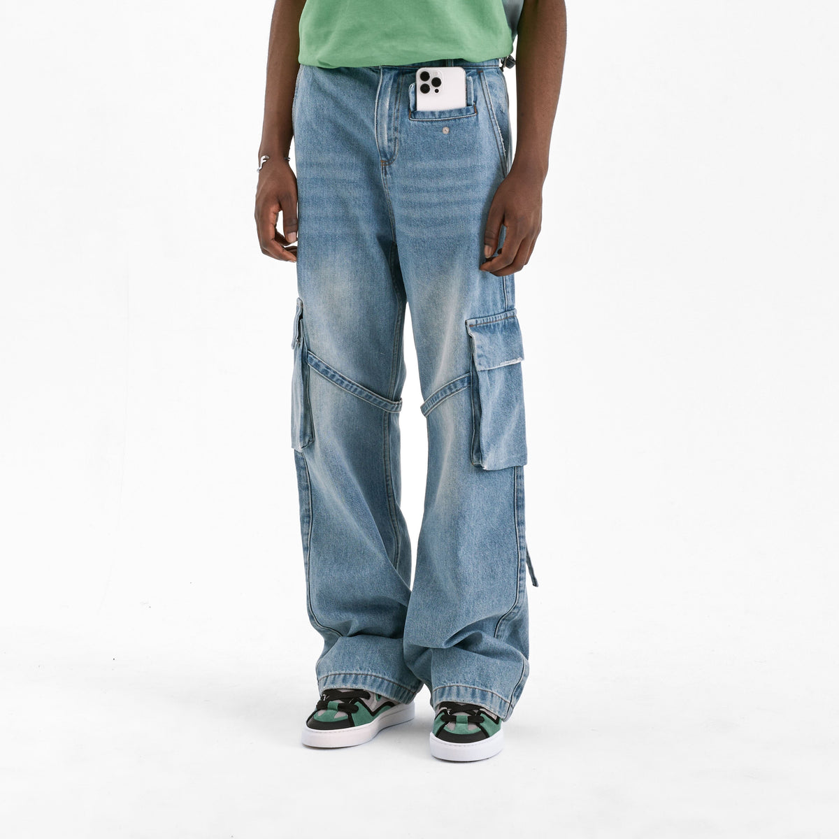 Phone Pocket Cargo Pants | Light Blue Denim