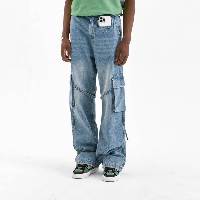 Phone Pocket Cargo Pants | Light Blue Denim