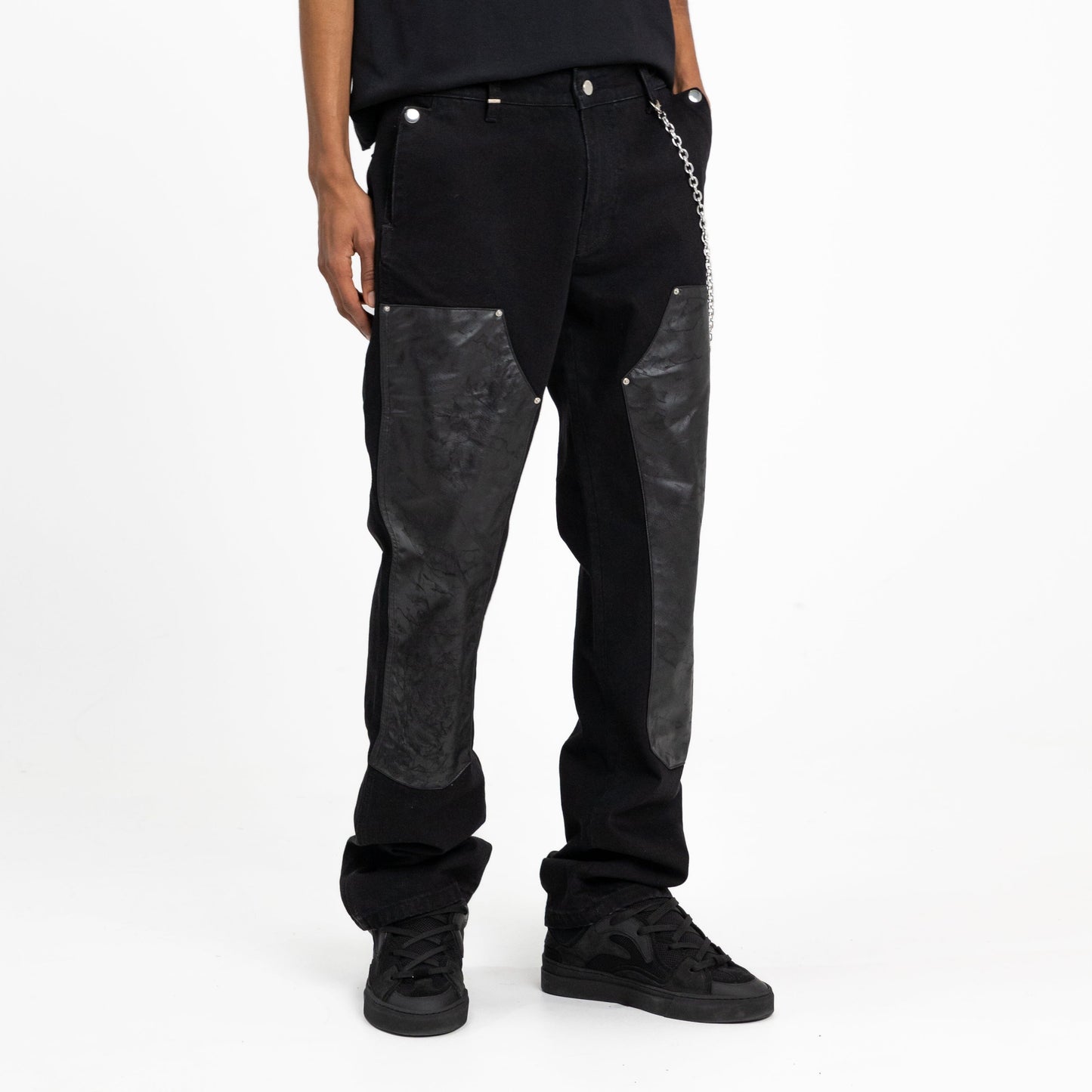 Carpenter Straight Jeans with Leather Patches in Black