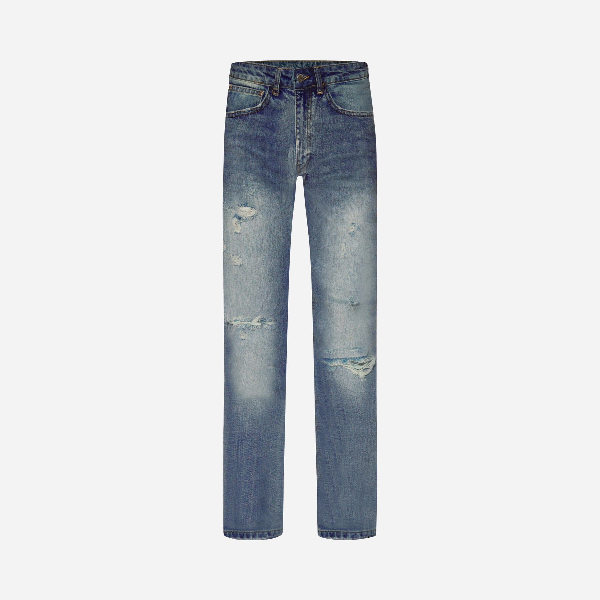 Distressed Straight Jeans in Blue Denim