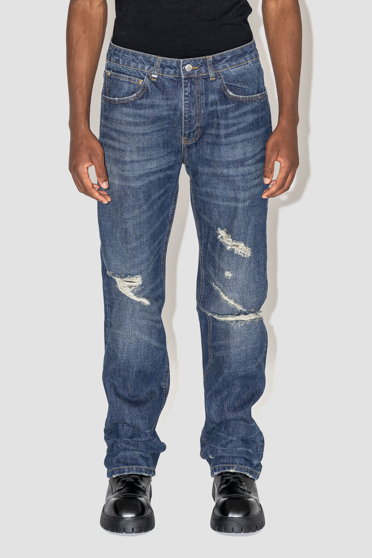 Distressed Straight Jeans in Deep Sea Denim