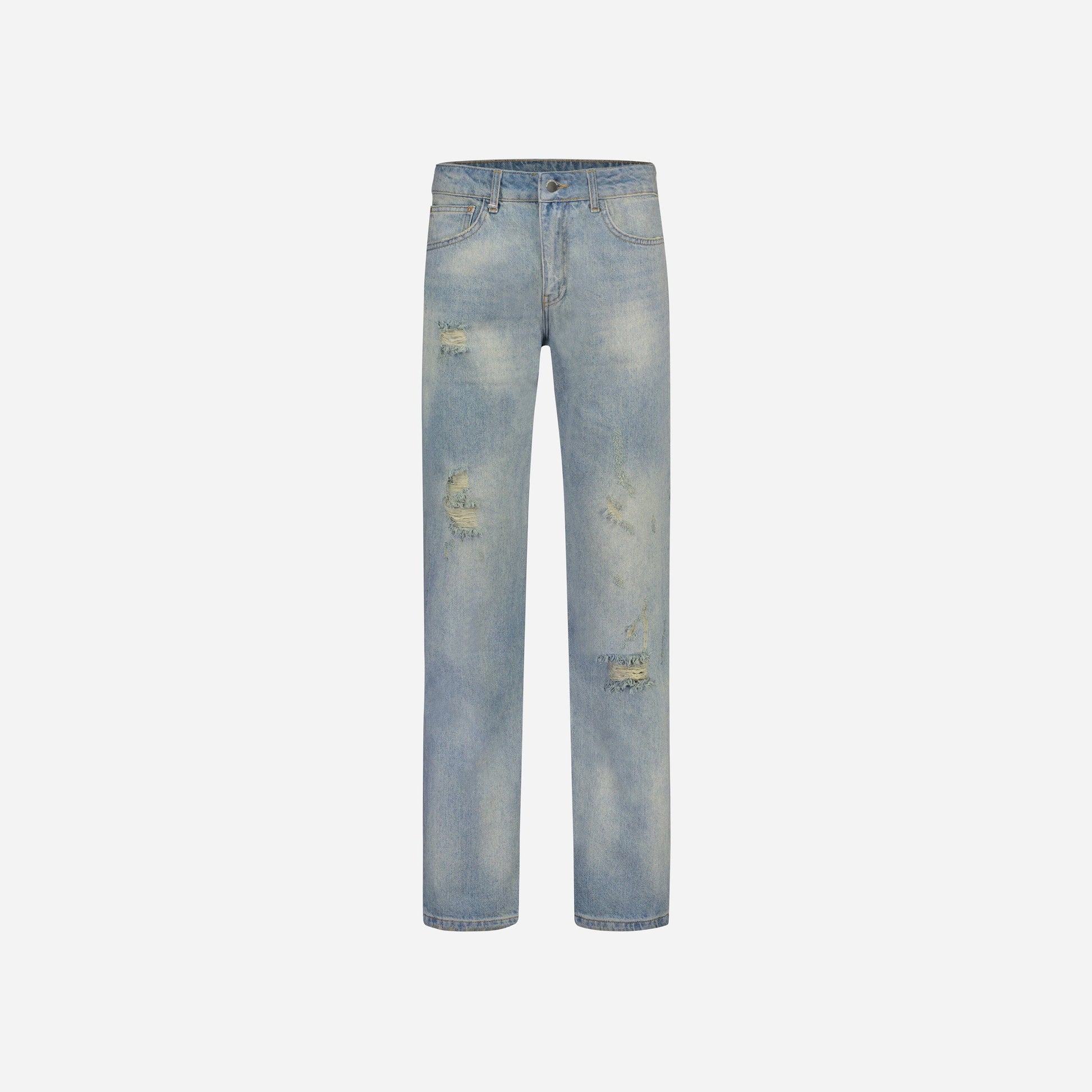 Distressed Straight Jeans in Light Blue Denim