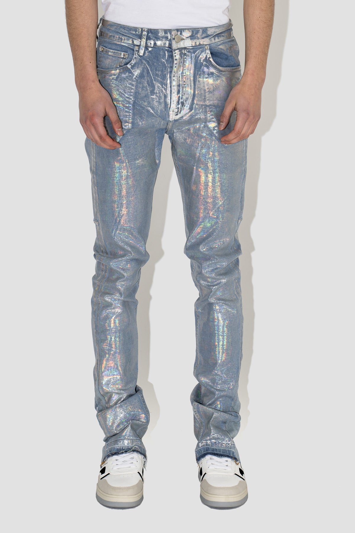 Flared Jeans in Shiny Silver Denim