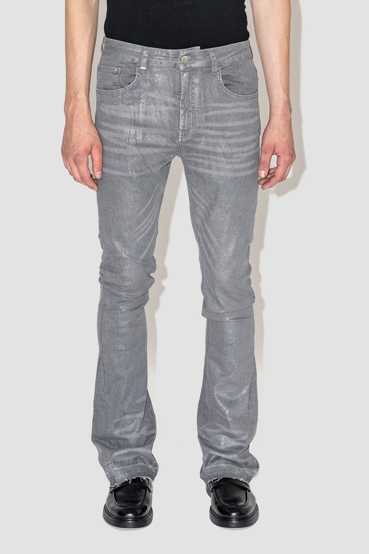 Flared Jeans in Waxed Grey Denim