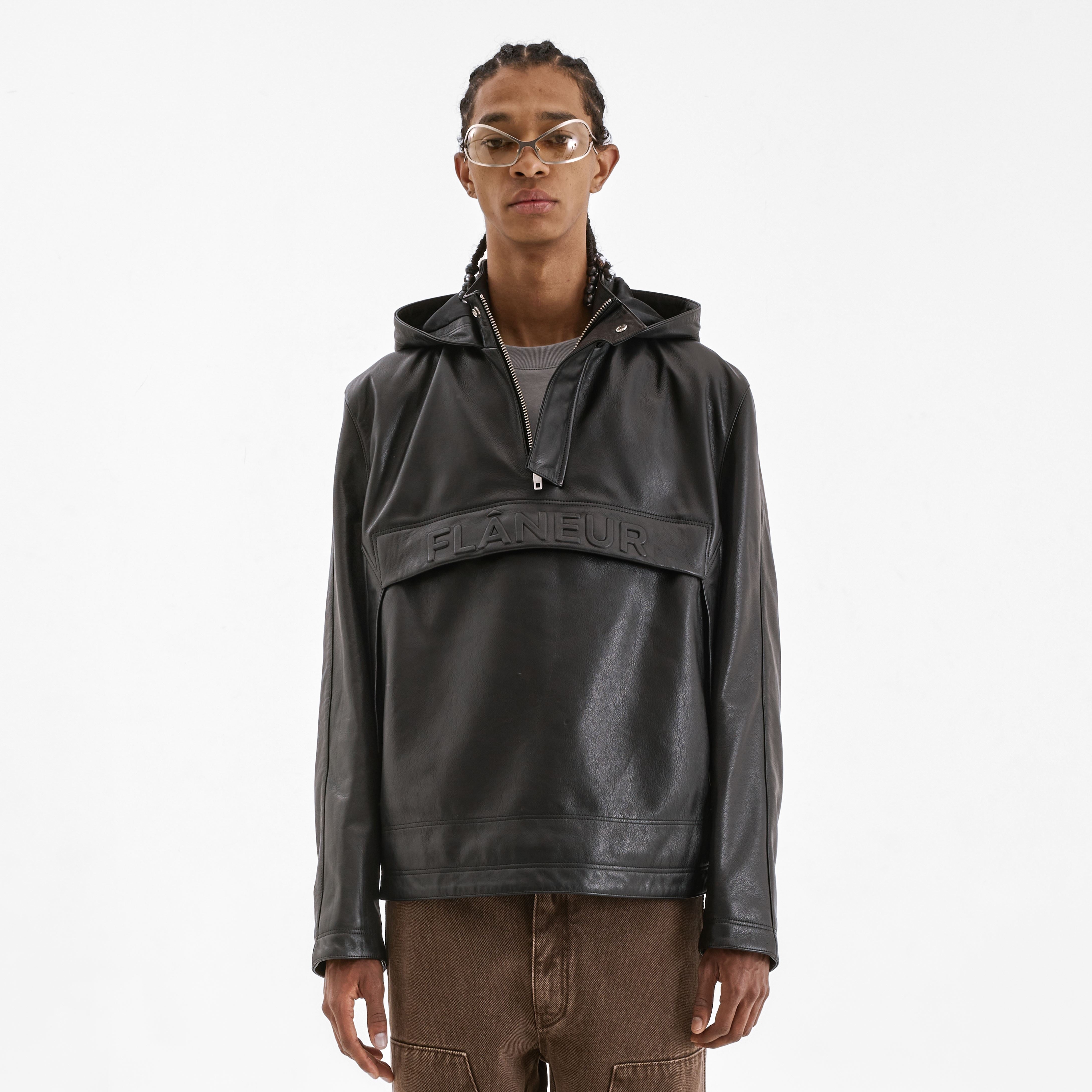 Leather Anorak Windbreaker Black