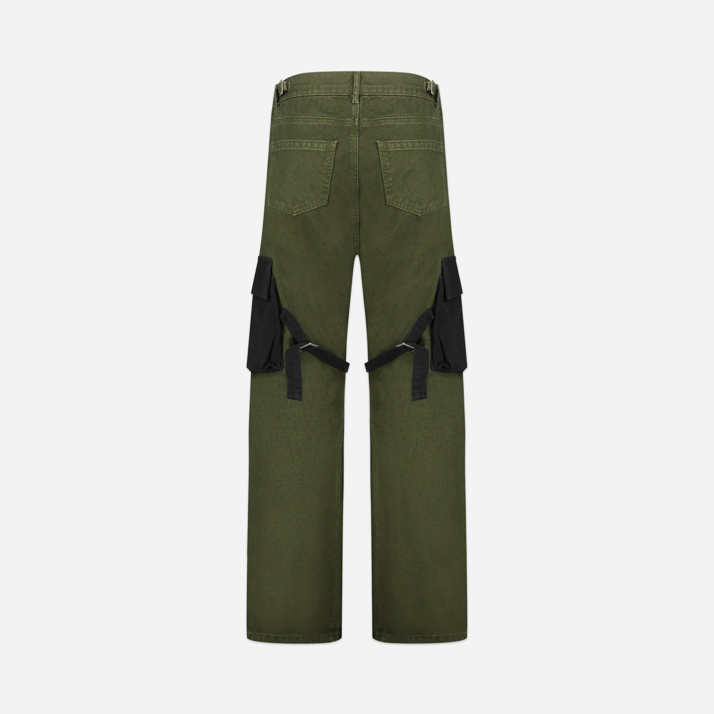 Strap Contrast Cargo Pants in Army Green with Black Pockets