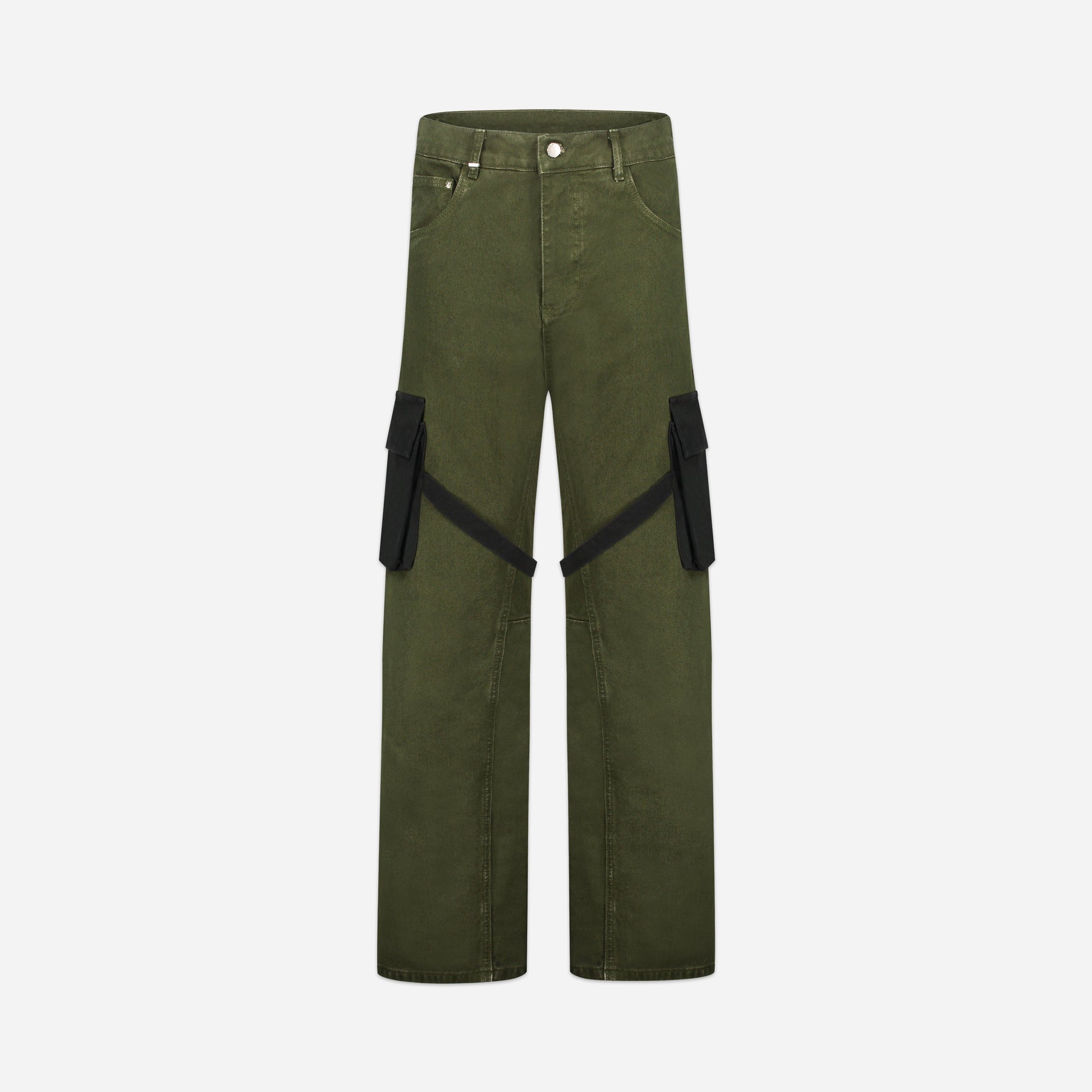 Strap Contrast Cargo Pants in Army Green with Black Pockets