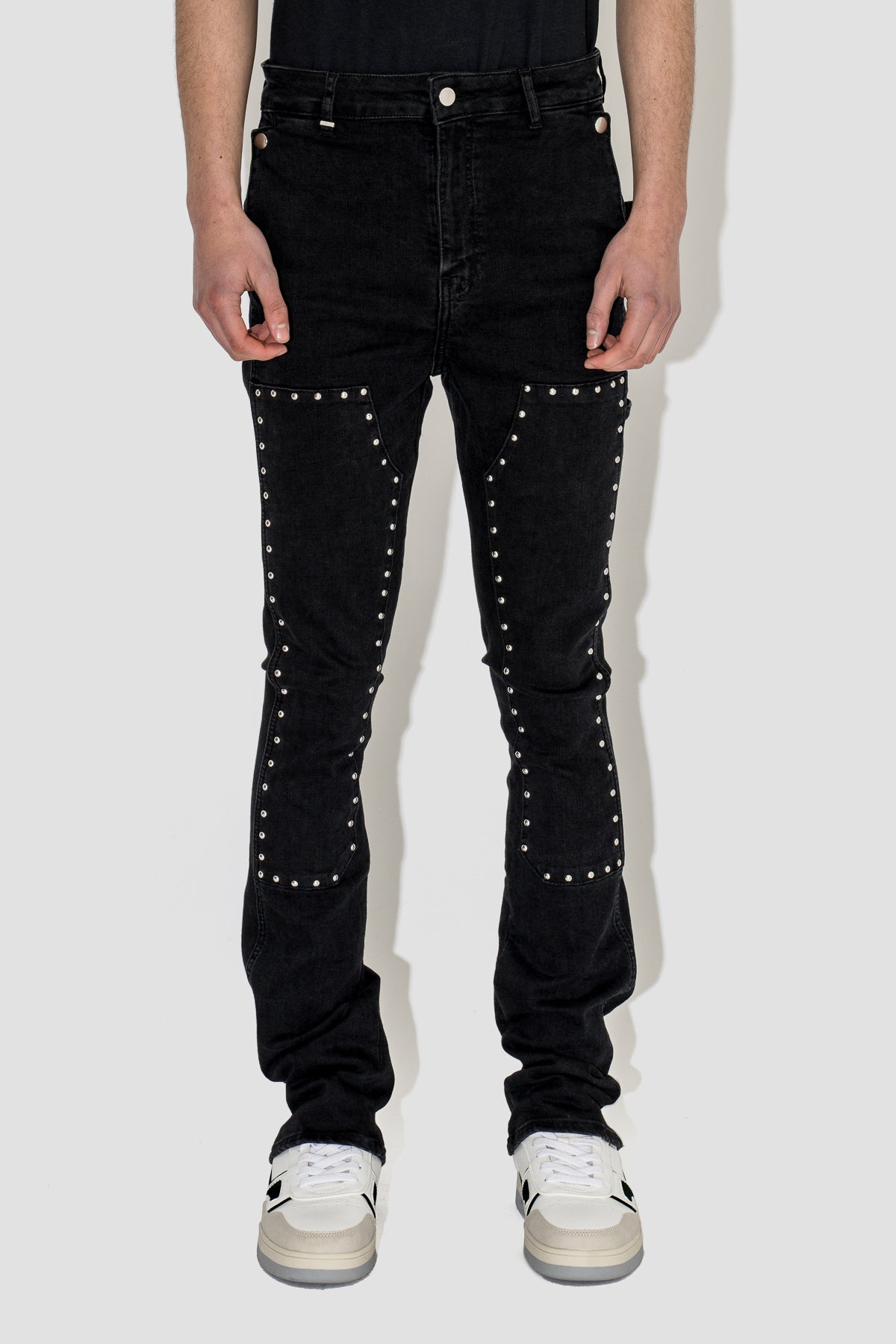 Studded Bootcut Flared Carpenter Jeans in Black Denim
